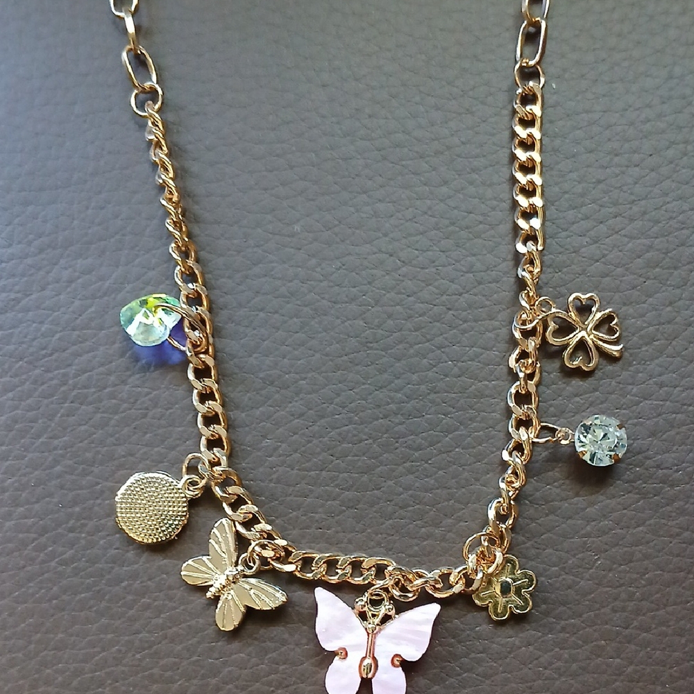 Mint Gold Necklace with Pink Butterfly and Charms - Picture 3 of 6